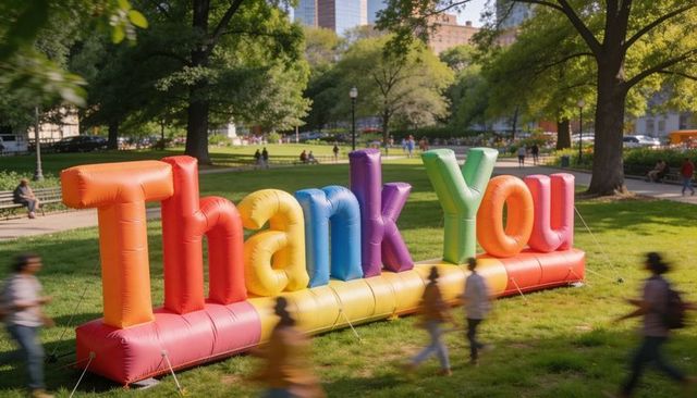 Giant colorful inflatable letters spelling thank you celebrating gratitude in urban park