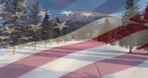 American Flag Overlay on Winter Forest and Hillside