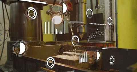 Cnc milling machine cutting metal with hud analytics overlay spraying coolant ejecting chips