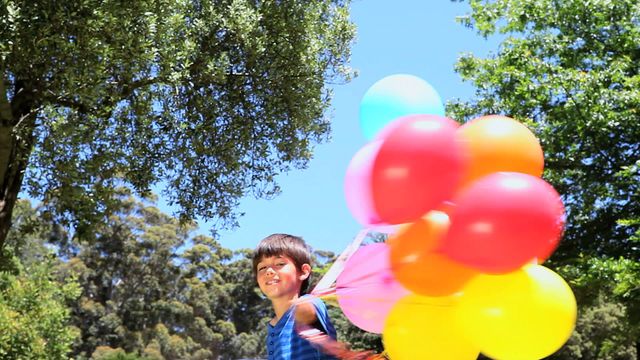 This image shows a young boy enjoying the outdoors, holding vibrant balloons in a lush park. Brightly colored balloons contribute to the playful atmosphere, while the clear blue sky suggests a perfect summer day. Use this for content promoting outdoor activities, childhood happiness, festival celebrations, or any theme related to youthful joy and freedom.