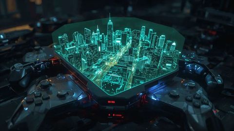 Futuristic Teal Holographic City Model Above Projector