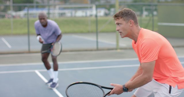 Two men playing a doubles tennis game on an outdoor court. One man in foreground wearing orange shirt, focused and prepared for a return while his partner in background, wearing purple shirt, is holding the racket ready. Can be used for sports promotions, teamwork and fitness advertising, athletic community engagement, or tennis event posters.