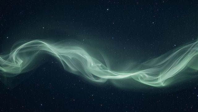 Gliding pale green auroral ribbon crossing deep starry night sky with ethereal nebula glow