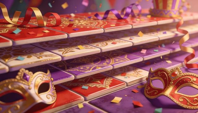 Opulent masquerade scene with stacking ornate tiles, gilded masks, confetti and ribbons
