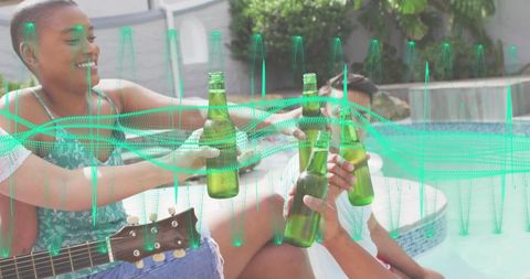 Poolside Friends Clinking Green Beer Bottles with Guitar and Neon Waveform Summer Vibe
