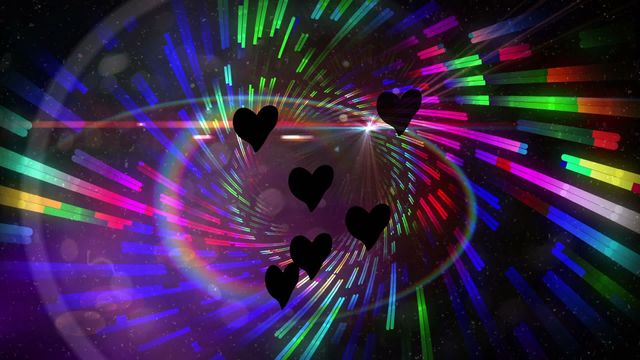 This animation features black hearts seamlessly integrated over a colorful and vividly swirled background that radiates a sense of excitement and motion. The varied neon shades create a hypnotic visual appealing in digital designs. Perfect for use in backgrounds, posters, or digital multimedia projects focusing on themes of vibrancy or animated display designs.