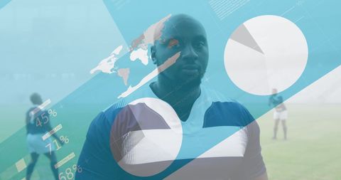 Rugby player merged with digital statistics for global sport technology concept