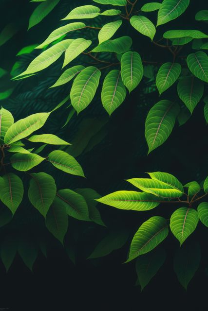 Close up of green plants leaves on black background created using generative ai technology. Tropical foliage, nature and background concept digitally generated image.