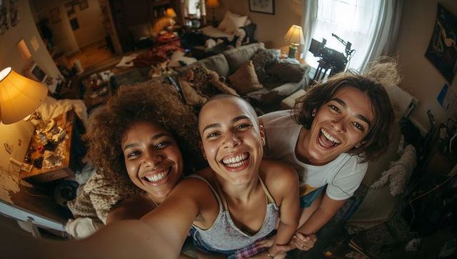 Three friends taking selfie and laughing in cozy cluttered apartment candid wideangle