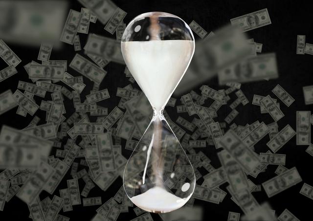 Hourglass with sand blending against a backdrop of swirling dollar bills suggests the fleeting nature of time and money. Ideal for use in financial planning, time management, business deadline, and investment concept materials.