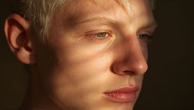 Contemplative Fair-Skinned Young Man Closeup with Freckles, Hazel Eyes, Warm Side Light