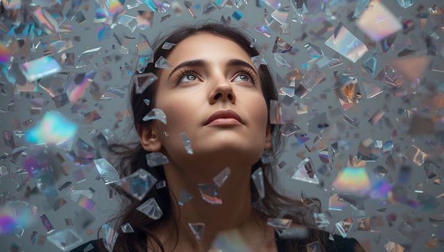 Young woman gazing upward through iridescent glass shards, dreamy reflective portrait