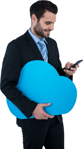 Businessman holding cloud while texting on transparent background
