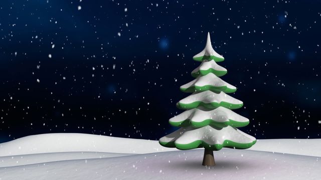 Visualizing a spinning Christmas tree in a snowy field under a dark night sky with falling snowflakes. Perfect for festive holiday videos, Christmas animation projects, winter-themed advertisements, festive greeting cards, and seasonal marketing campaigns. Adds a whimsical and festive touch to any digital content celebrating the holiday season.