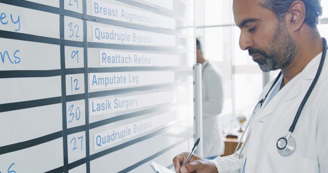 Doctor reviews a surgery schedule in a hospital, with copy space. He's focused on managing patient operations in a medical office setting.