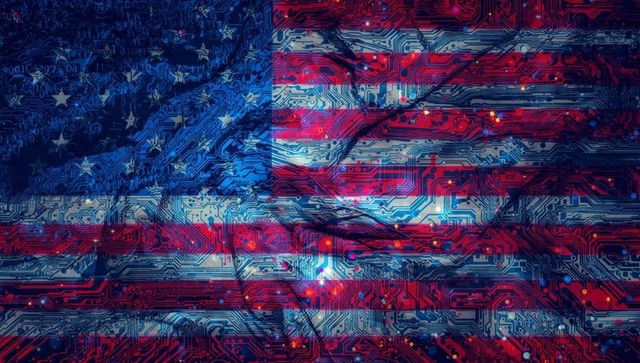 Digital american flag on circuit board highlighting technology and innovation