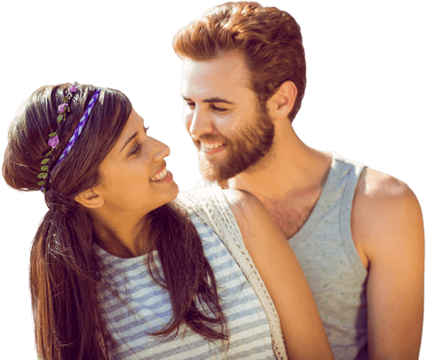 Transparent Happy Young Couple Smiling in Warm Embrace Outdoors