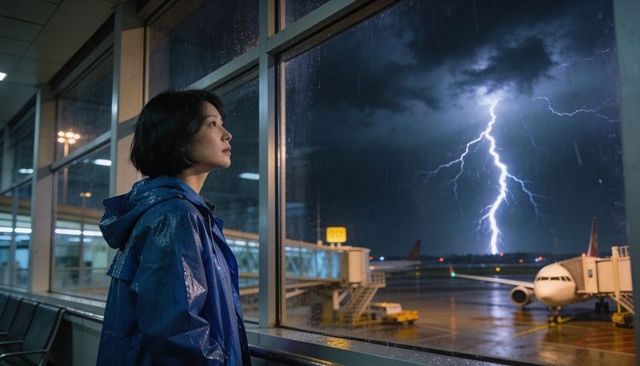 Asian woman in blue raincoat gazing at lightning over airport runway at night