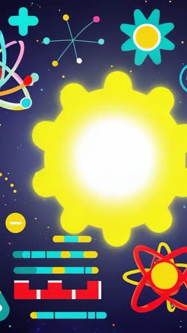 Brightening Gear Sun Expanding Over Cosmic Sky with Glowing Science Symbols — Vertical Tech Loop