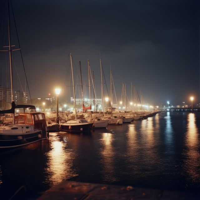 Port with sailing boats and buildings at night created using generative ai technology. Travel, sailing and seaside concept digitally generated image.