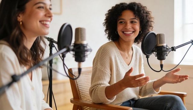 Smiling female podcasters conversing and recording in bright natural-light home studio