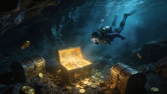 Scuba diver discovering glowing treasure chest with scattered gold coins in cavern