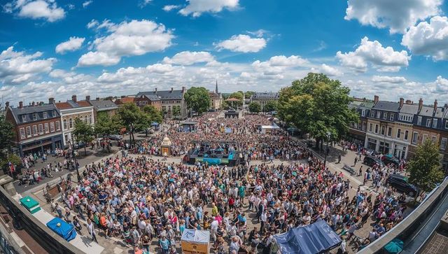 Aerial panorama of summer festival in town square with crowded stage and vendor booths