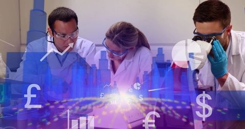 Lab researchers collaborating with financial data overlay and global currency analytics