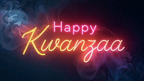 Neon happy kwanzaa sign glowing with colored smoke and reflective halo on dark backdrop