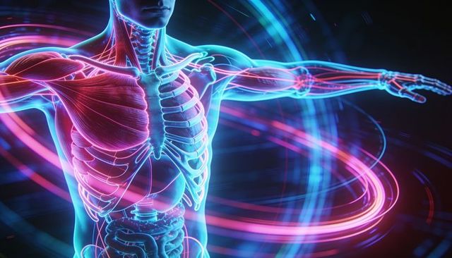 Displaying holographic male torso with neon ribs, translucent muscles and glowing organs