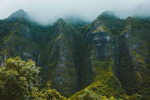 Mountains covered in mist and lush greenery create a serene and majestic scene. Ideal for travel blogs, nature magazines, environmental campaigns, and posters related to tranquility and wilderness exploration.