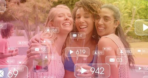 Three friends laughing poolside with fruity drinks, sunglasses and social media overlays