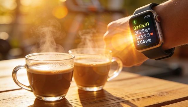Smartwatch tracking during sunrise coffee break with two steaming glass cups