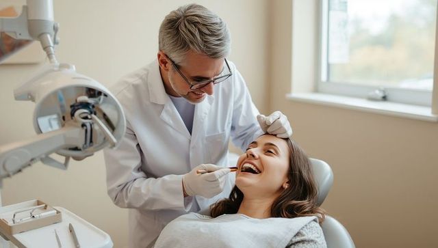 Smiling patient receiving dental checkup by professional dentist
