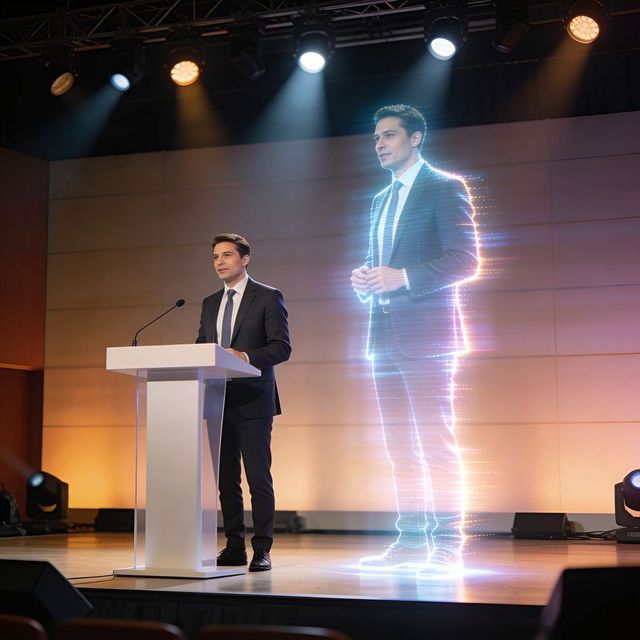 Business leader delivering keynote at podium with holographic projection and stage lighting