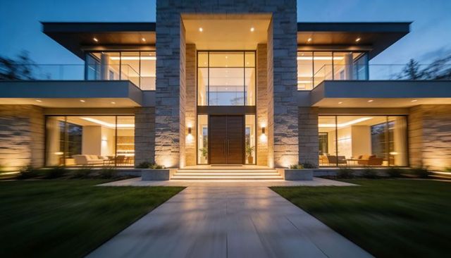 Modern luxury two-story home entrance at dusk featuring double doors and stone columns