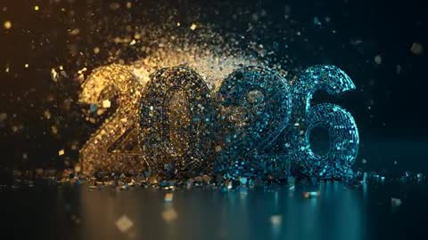 2026 Numbers Breaking Into Metallic Cube Fragments in Amber Cyan Duotone Motion