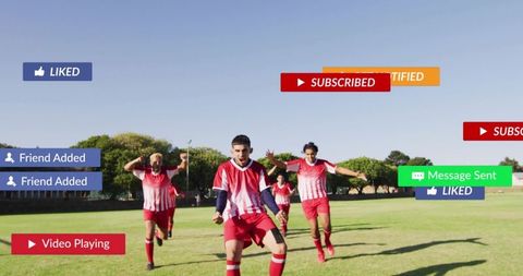 Soccer team celebrating goal running toward camera with social media notifications