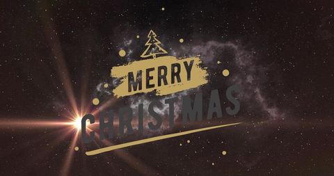 Merry christmas gold brush typography with cosmic starburst and dark starry background