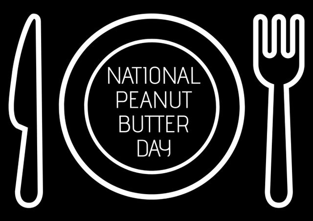 Composition of national peanut butter day text with plate, knife and fork icons on black background. National peanut butter day and celebration concept digitally generated image.