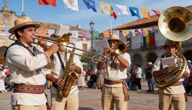 Brass band performing in colorful town square festival with embroidered shirts and straw hats