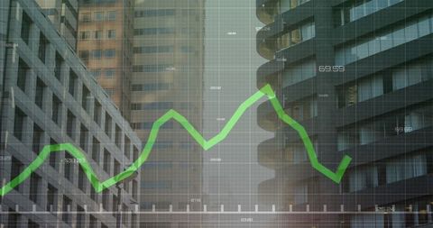 Financial graph with skyscrapers illustrating market trends