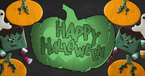 Pixelated Halloween Pumpkin With Festive Candy Background