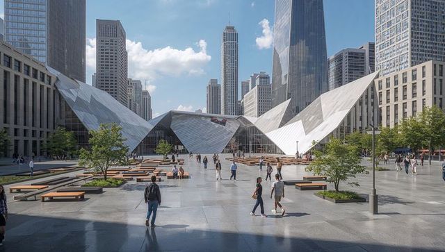 Folded Metal Pavilion Reflecting Light Across Urban Plaza with Modern Skyline Backdrop