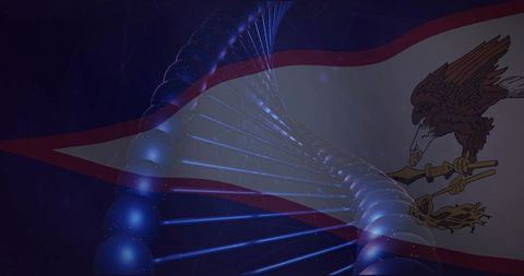 Glowing dna helix over american samoa flag with eagle clutching war club, biotech concept