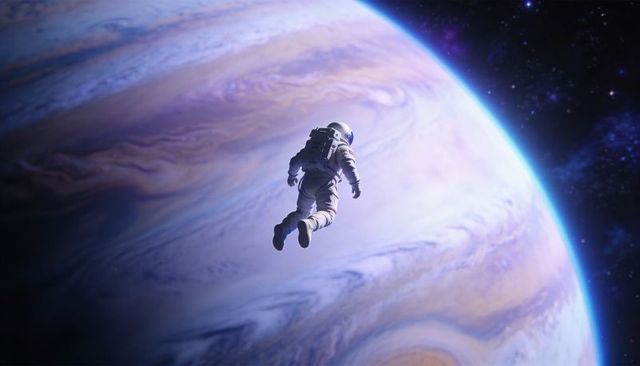 Astronaut floating over banded gas giant with reflective visor and life support backpack