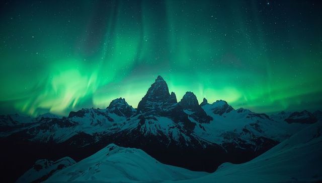 Spectacular aurora over snow-covered mountain peaks at night