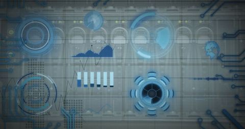 Futuristic Data Visualization with Circuit Board and Global Elements