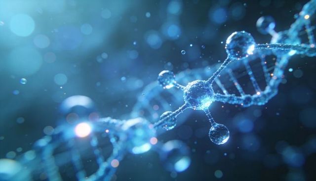 Glowing blue DNA helix twisting in microscopic fluid with luminous molecular nodes