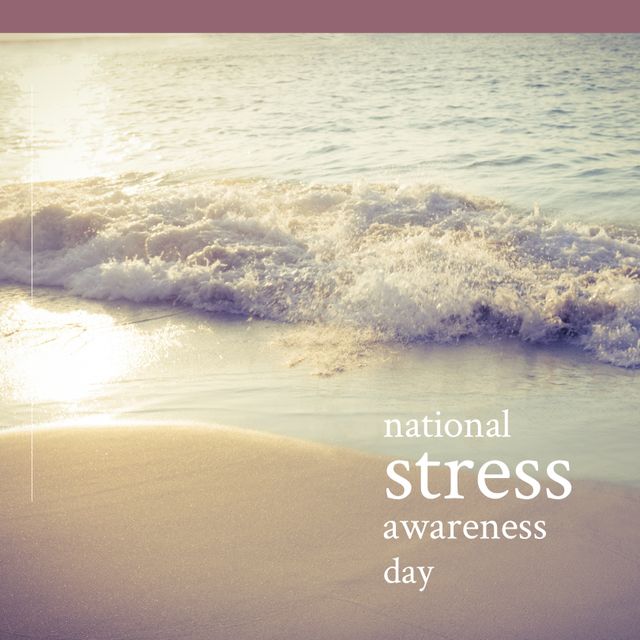 Composition of national stress awareness day text over sea. National stress awareness day and celebration concept digitally generated image.